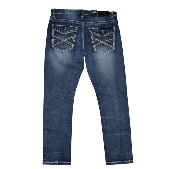 True Luck Slim Fit Jeans Dark Wash Denim Men's Size 34x30 Thick Stitch BKE NWT - Picture 3 of 8